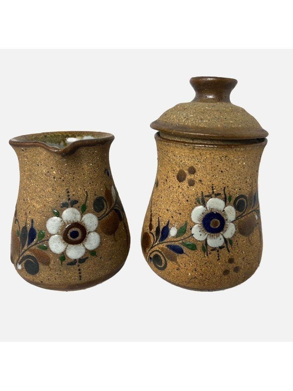 Art Studio Pottery Vintage Tonala Sandstone Creamer and Sugar Set Brown Floral